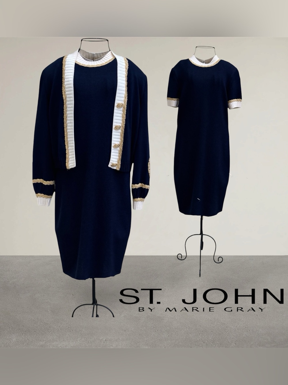 Vintage St. John Collection Navy Knit Dress & Cardigan Set Size 6 / P Excellent